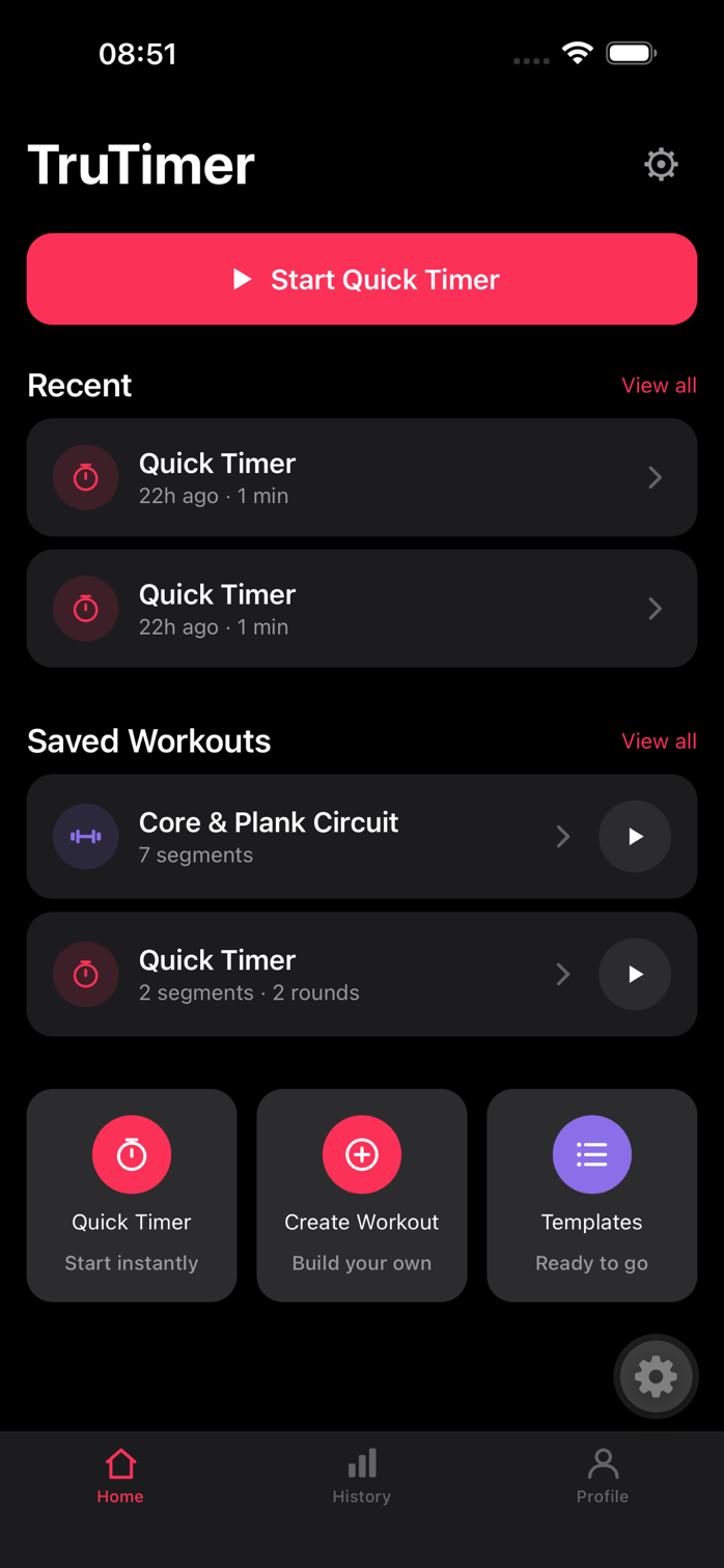 TruTimer home screen showing a custom workout ready to start